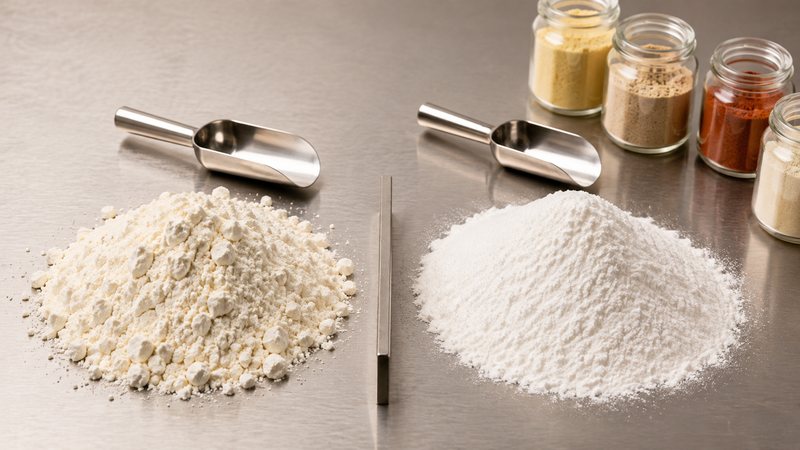 Food powder anti-caking explained: bridging, segregation and flow. Why particle size and surface area change the result across seasoning blends, powdered beverages and dry mixes.